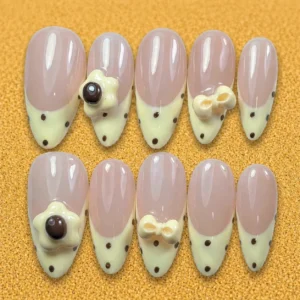 Cream Chocolate Dot 3D Bow Nails