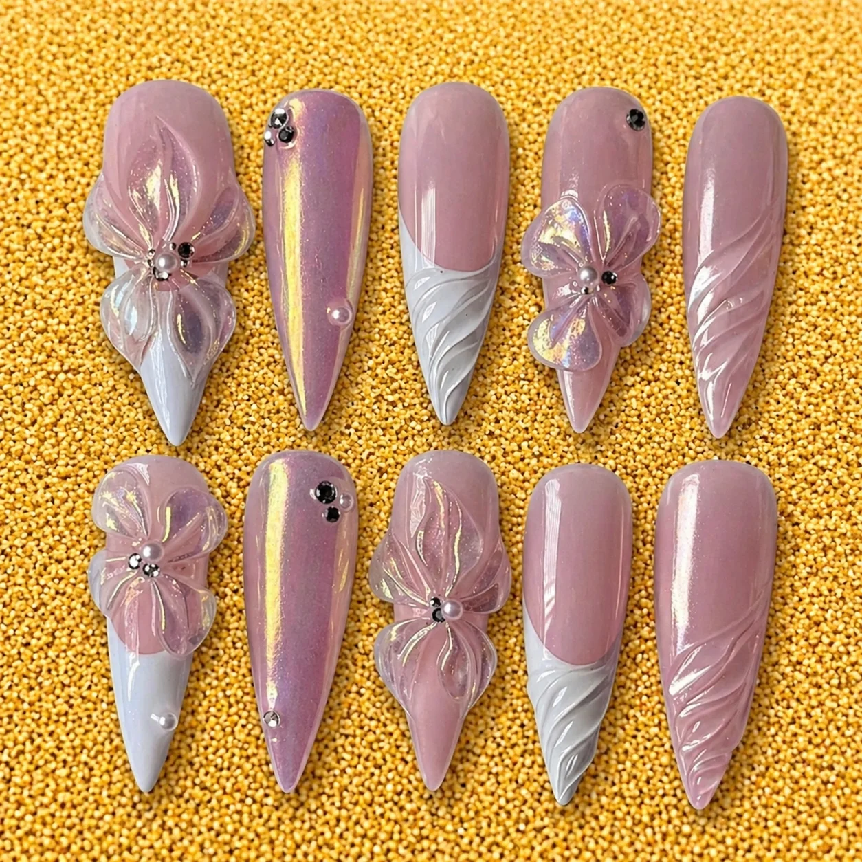 Iridescent Pink 3D Flower Nails Iridescent Pink 3D Flower Nails