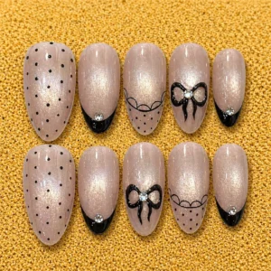 Nude Black Bow Glitter Nail Set