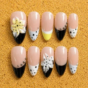 Nude Black Floral French Tip Nail Set