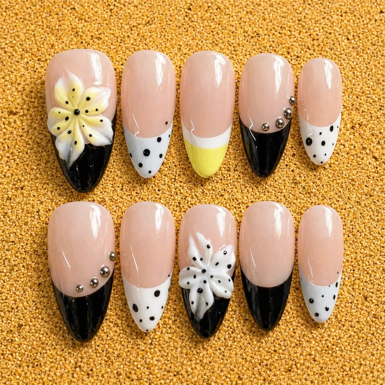 Nude Black Floral French Tip Nail Set Nude Black Floral French Tip Nail Set