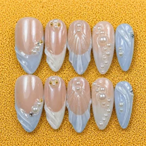Nude Blue Pearl 3D Shell Nails