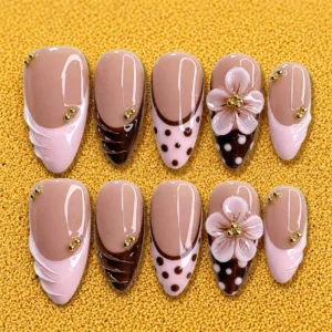 Nude Brown Floral 3D Nail Set