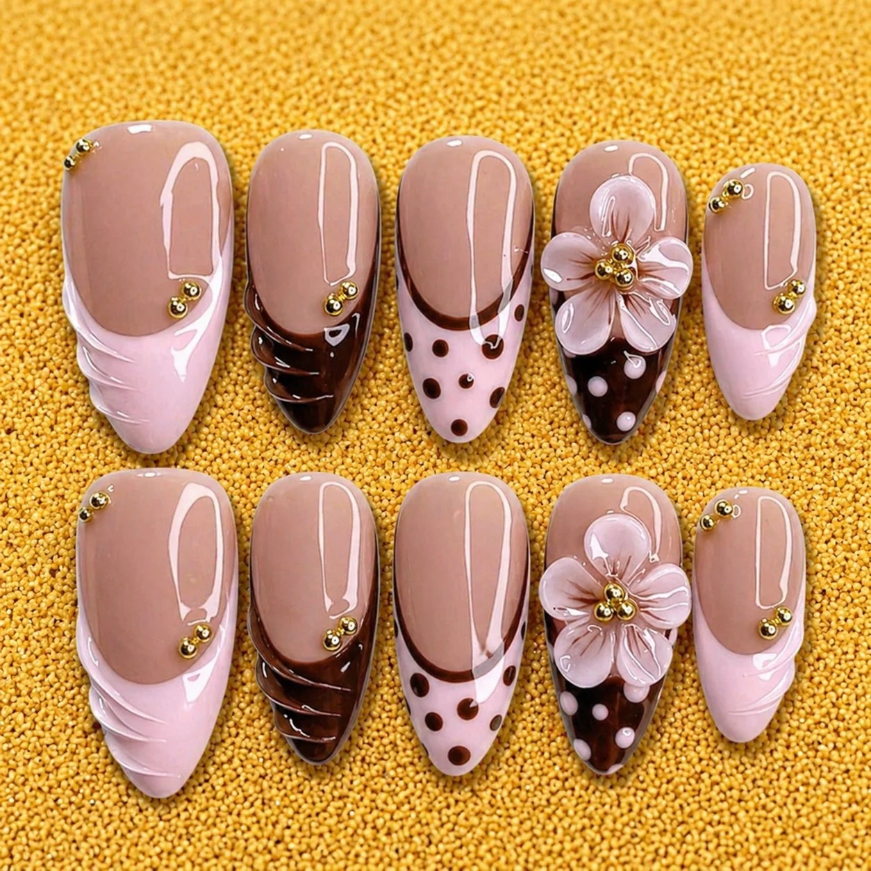 Nude Brown Floral 3D Nail Set Nude Brown Floral 3D Nail Set