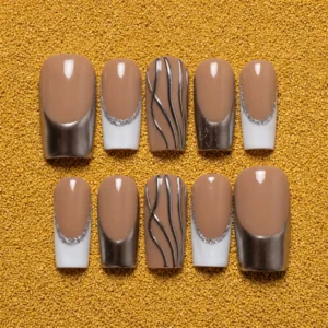 nude chrome french metallic wave nail set