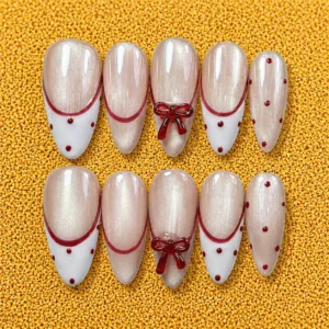 pearl nude red bow french nails
