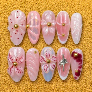 Pink 3D Floral Gold Accent Nails