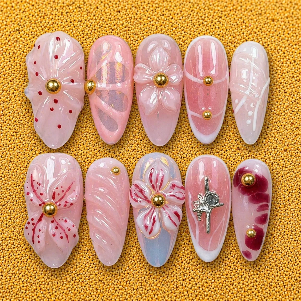 Pink 3D Floral Gold Accent Nails Pink 3D Floral Gold Accent Nails