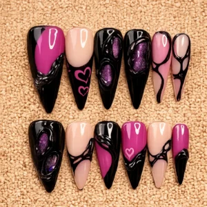 Pink Black 3D Heart Nail Set