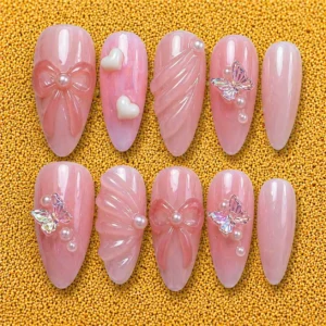 Pink Bow Butterfly Pearl Nails