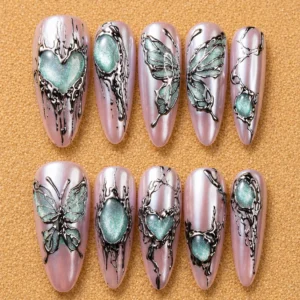 Pink Chrome Butterfly 3D Nail Set