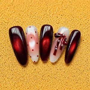 red chrome bow ombre nail set