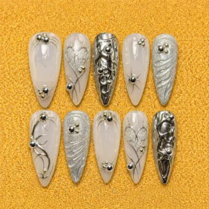 silver chrome 3d heart nail set