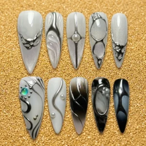 Silver Chrome Abstract 3D Sculpted Nail Set