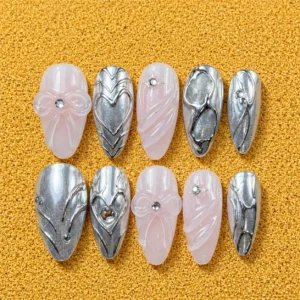 Silver Chrome Heart 3D Nail Set