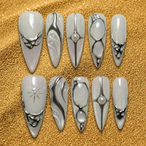 White Pearl Chrome 3D Nail Set