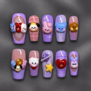 Kawaii Purple Bear Nails