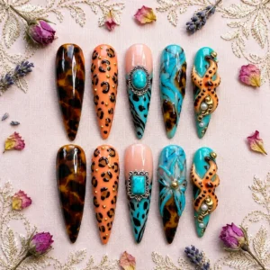 turquoise leopard nails