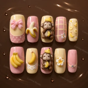 banana monkey kawaii nails