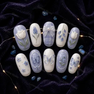 blue botanical butterfly nails