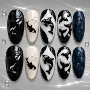 monochrome orca art nails