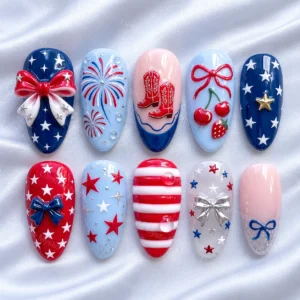 red white & blue bow nails